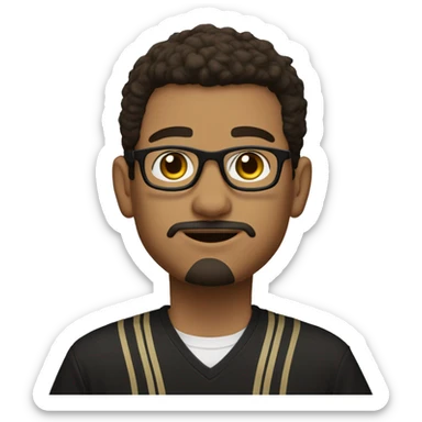 boy with goatee and soul patch, round eyebrow frame glasses, a purdue university shirt. poach hair with an m shaped hairline. dark brown eyes sticker