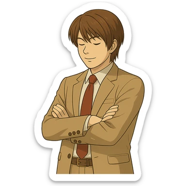 Make this exact Light Yagami in Ghibli style, standing with his arms crossed and looking downward, same suit, same confident expression. Match the face, hair, and suit details exactly to the reference. Transparent background. sticker