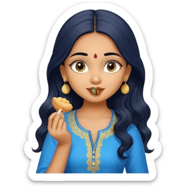a pretty tan indian bratz girl. eyeliner on, wearing a blue kurti, eating golgappa. NO SPOON. wavy long black hair sticker