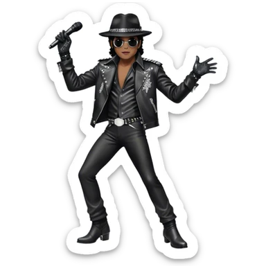 Michael Jackson on stage with microphone buttonhole in full body, wearing his iconic concert costume—black leather jacket, sequined glove, fedora, and boots. He strikes a powerful pose, embodying the energy of R&B music. Transparent background. sticker