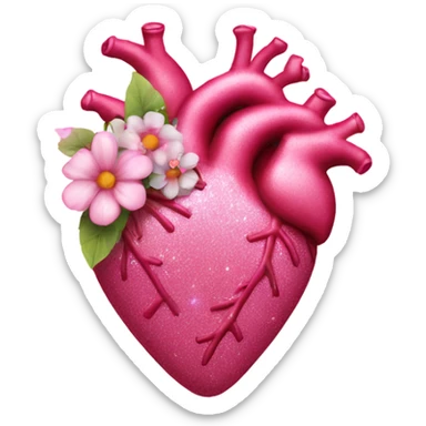Pink realistic heart with flowers and glitter  sticker