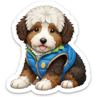 bernedoodle with a patagonia vest holding money sticker