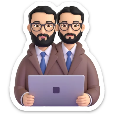 man with medium black beard, black hair, connected unibrow, olive tan skin, brown eyes, glasses, prominent long nose, wearing casual business attire, holding a laptop sticker