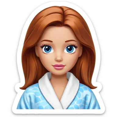 Barbie's face eyes blue with shoulder-length reddish-brown hair, makeup, cream smeared on her face , in a bathrobe with sticker