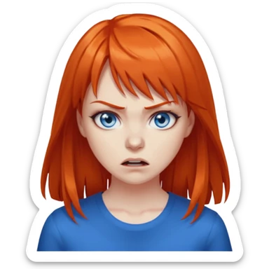 A woman with dark orange hair and bangs, blue eyes, an asmr streamer, angry, sticker