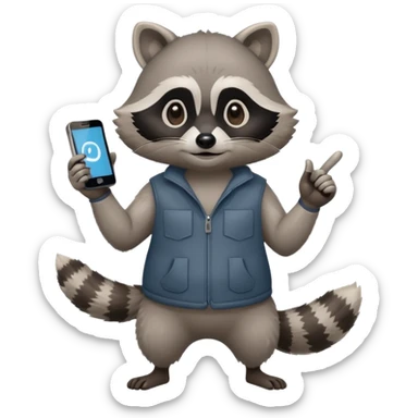 racoon holding a phone and pointing a finger to it full body friendly calm sticker