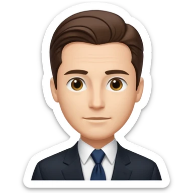 Caucasian man with slicked back brown hair, black suit, navy tie, elegant look standing  sticker