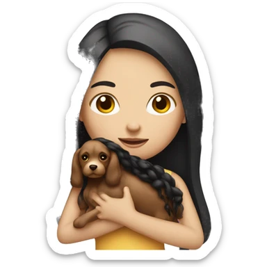 white girl with long dark hair holding a toy doodle  sticker