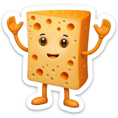 A cheese with arms and legs and a gritted face sticker
