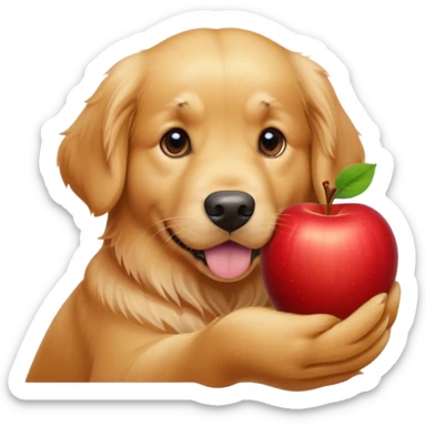 Head of golden retriever, peeking out of an apple sticker