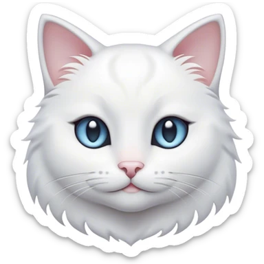 Cinematic Cute White Cat Portrait Emoji, Head tilted with a soft, gentle smile and sparkling eyes, featuring a silky, pristine white fur with subtle silver highlights, simplified yet irresistibly adorable, highly detailed, glowing with a warm, snowy glow, high shine, radiating affectionate charm and tender grace, styled with a light, playful outline, capturing the essence of a cute white cat that looks as if it could melt your heart with a single blink! sticker