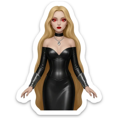 Countess Dracula with red eyes, long blonde hair, black metallic long dress, silver necklace sticker