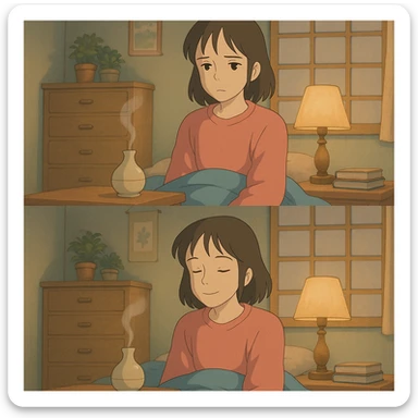 a girl in a bedroom, looking sad, then smelling a scent like from a candle or diffuser, her mood changing to relaxed, ghibli style sticker
