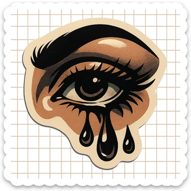dark female eyes with eyelashes, tears, gloomy but beautiful look, sharp black contours, sharp shadows and highlights, retro stickers style, no gradients sticker
