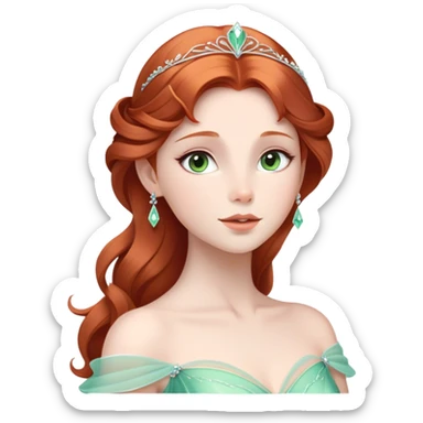 Cinematic Timeless Sleeping Beauty Portrait Emoji, rendered in a clean, vector style. Depict Aurora with delicate porcelain skin, elegantly arranged auburn hair, and a serene, graceful expression, dressed in her iconic gown. The design features bold, simplified shapes, a soft, enchanting glow, and a subtle glowing outline, capturing her timeless, fairy-tale beauty. sticker