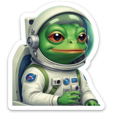 Pepe the Frog as a trader, with charts on the screen, in space with a rocket, meme art style, hilarious and bright sticker