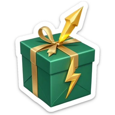 3D minimal open gift box with small floating icons coming out (envelope, lightning bolt, sparkle), matte finish, deep green (#0B3D2C) box, gold (#C9B037) icons, Apple style, ultra minimal, soft shadow, transparent background sticker