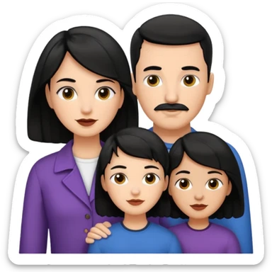 A family consisting of 1 women with black black wavy hair , 1 girl with black buzz cut hair and 1 girl medium skin tone and black long hair , 1 white man with black hair and short mustache  sticker