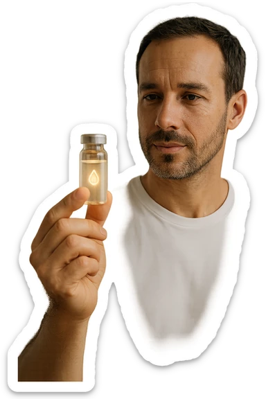 A realistic, high-quality cinematic photo of a health-conscious man in his late 30s holding a small clear glass vial filled with structured, informatized water used in kinesiological treatments. The man is standing in a bright, clean holistic therapy studio with wooden furniture and plants, looking at the vial with a focused, hopeful expression. The vial has a minimalist label with a water droplet symbol, glowing softly to symbolize its informational energy properties. The atmosphere is calm, professional, and filled with natural light, conveying the holistic, gentle yet advanced nature of kinesiological practices sticker
