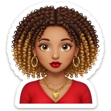 a light skinned black girl with 3b curly hair chocolate color eyelash extension ombre lips with gloss and red blouse gold nose ring piercing and gold septum piercing and gold necklace sticker