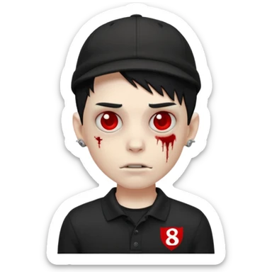 zombie boy emoji with black emo hair and piercing, wearing black polo shirt with Lyon logo, red cap with number 9 sticker