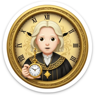 a 1600s judge with a hurried expression holding a clock that ticks VERY FAST  sticker