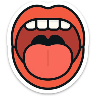 Schematic open mouth with visible tongue, symbolizing speech articulation and sound practice. Vector style, clean and sharp lines. Include realistic shadows and light reflections for depth. Minimalistic, educational design. Transparent background. High contrast between tongue, teeth, and lips for clarity. Flat illustration with soft shading, suitable for speech therapy materials sticker