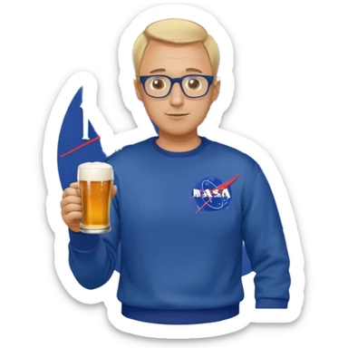 happy fat man, drinks a beer,  blond short and hight receding hairline, wearing a dark blue sweatshirt, nasa logo on the sweatshirt, round glasses without frame, 40 years old sticker