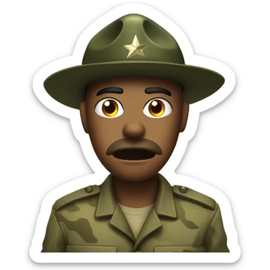 drill sergeant character wearing a classic sergeant hat and a camouflage army shirt. The character should have an angry intense expression. full torso sticker