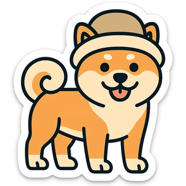 Akita Inu with a curled tail and a hat on its head, keep the current style, transparent background. sticker
