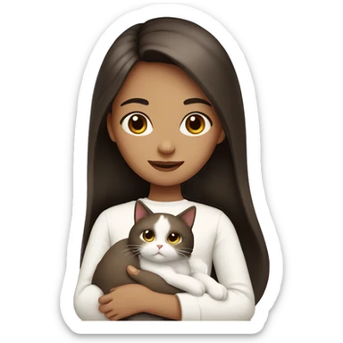 Dark brown straight hair girl holding white fluffy cat  sticker