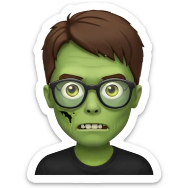 Green zombie, brown hair, black glasses, black shirt. iOS style. sticker