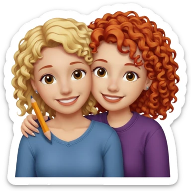 A woman with pencil straight, blonde hair and a nose piercing and a woman with curly red hair and a nose piercing are hugging and smiling together. sticker