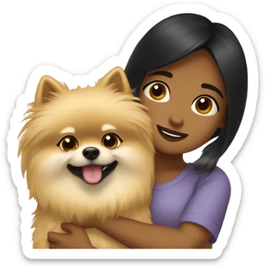 Girl hugging pomeranian. The girl has black hair and medium skin. The pomeranian has fluffy fur and it’s beige. sticker