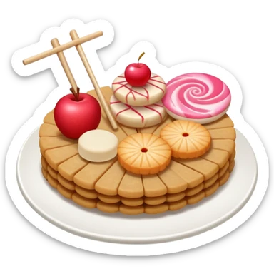 A combination of red apple, fish cake with pink swirl (narutomaki), rice cracker (senbei), and dango on a stick arranged together as a food plate sticker