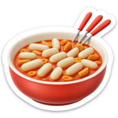 Apple emoji style, bowl of tteokbokki, glossy 3D, soft shadows, white background sticker