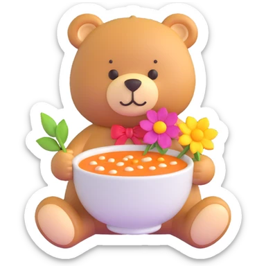 teddy bear with soup and flower sticker