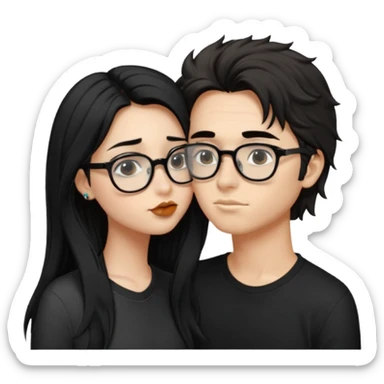 Un garçon avec les cheveux brin très clair ébouriffés, qui embrasse une fille avec les cheveux noir long et lisse , qui a des traits d’eye-liner et des lunettes noir avec un piercing au nez sticker