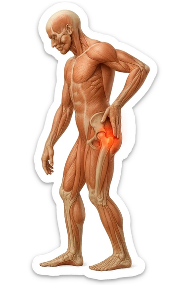 CORPO UMANO ANATOMICO DI PROFILO A FIGURA INTERA REALISTICO CHE SI TOCCA L'ANCA INFIAMMATA, DOLORE ALL'ANCA, IPERREALISTICO 4K sticker