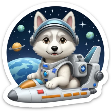 furry white coat husky in full battle gear posing cutely on a space cruiser sticker