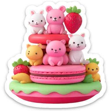 A 3D iOS style emoji of a pink macaron with a strawberry on top and three cute animals peeking out from between the layers. The macaron should have a glossy finish and soft shadows, with a light blue background and small yellow stars scattered around. sticker