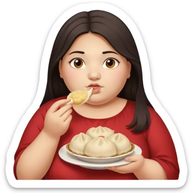 Can you create an emoji of a half Indian - half white 23 year old girl with dark brown mid length hair and brown eyes who is super obese and eating a dumpling sticker