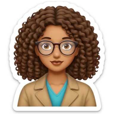 brown girl with wavy curly shoulder length hair. glasses, sticker
