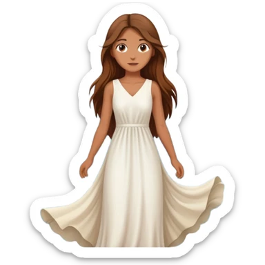 Girl with long brown hair wearing a flowing white dress, standing where the sea meets the mountains Montenegro in the background  sticker