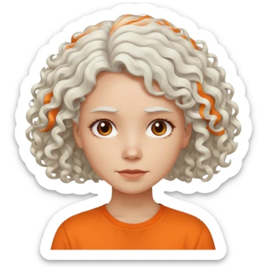 curly white  hair woman in orange shirt no smile sticker