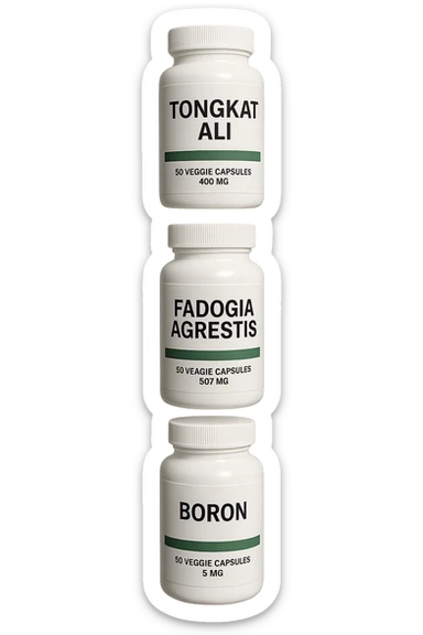 4 boccette di integratore: Tongkat Ali, Fadogia Agrestis, Boron e Zinco fluttuano in aria verticalmente sticker