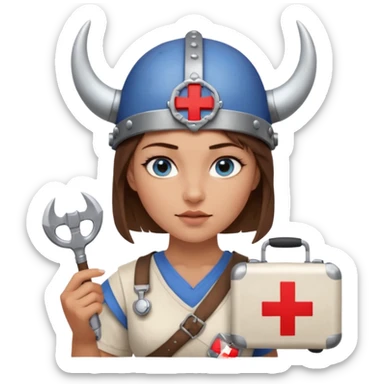 A young woman with beautiful blue eyes, short brown hair shaved on the sides, giving her a Viking look and a horned helmet. She holds a medical kit with a red cross icon in her hand. A stereoscope hangs around her neck. sticker