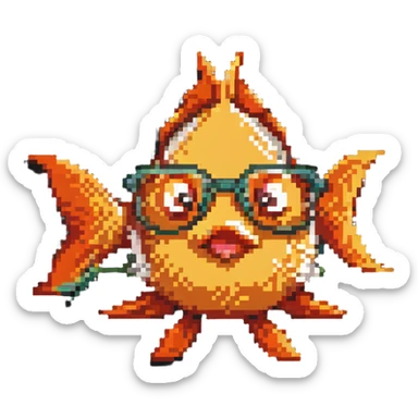 Pixelated goldfish with nerdy glasses making funny face sticker