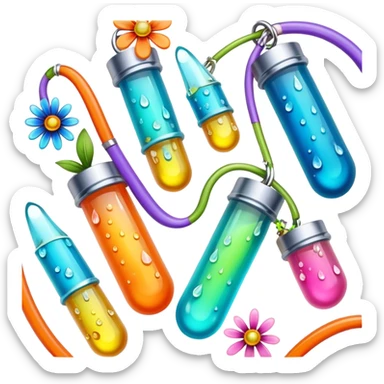 Create an icon that represents decorative arts using epoxy resin. The design should feature colorful tubes of resin, including fluorescent resin tubes, with visible drops or strokes of resin being applied to create intricate designs. Include finished resin jewelry pieces, such as pendants or rings, containing preserved flowers and insects encased in clear resin. The composition should feel vibrant, artistic, and delicate, showcasing the unique beauty of resin art with natural elements. The background should be transparent sticker