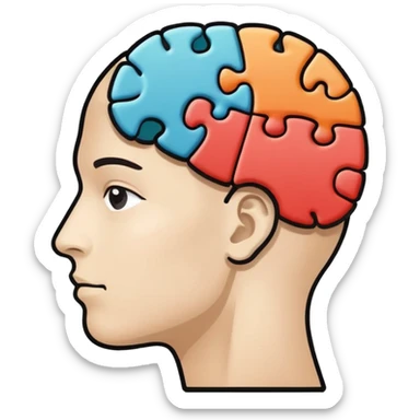 Minimalistic flat vector icon, iOS style, thin black contour on white background. Human head profile with a brain inside, split into puzzle pieces. No text, no shadows. sticker